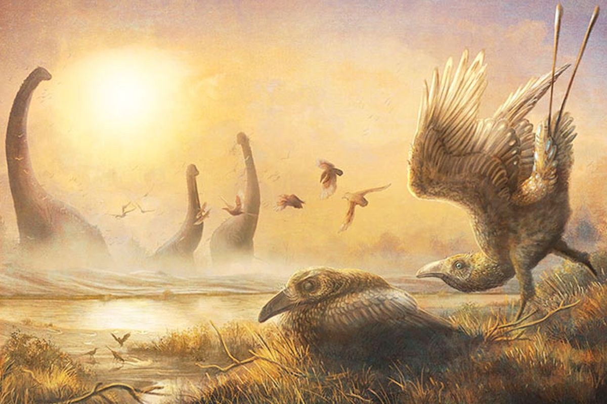 Ilustrasi burung Falcatakely forsterae di tengah dinosaurus non-unggas dan makhluk lainnya.