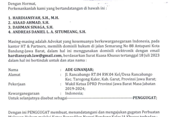 Surat Gugatan Wakil Ketua DPRD Jabar kepada DPP Partai Golkar dan DPD Partai Golkar Jawa Barat