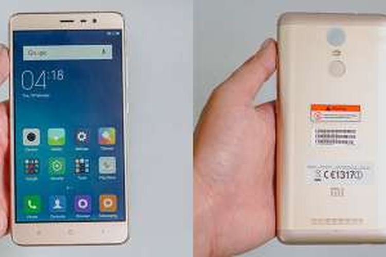 Sosok Xiaomi Redmi Note 3 warna gold yang diterima KompasTekno, masih dalam keadaan tertutup plastik pelindung. Di bagian belakang terdapat pemindai sidik jari berbentuk bundar, persis di bawah modul flash kamera. 
