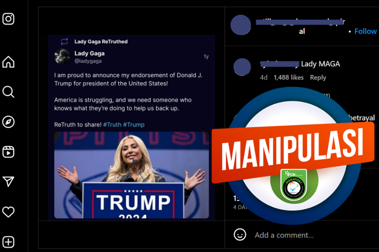 Tangkapan layar konten manipulasi di sebuah akun Instagram, Senin (3/7/2023), soal dukungan Lady Gaga kepada Trump untuk maju di Pilpres AS 2024.