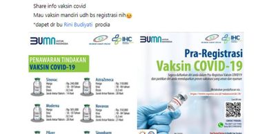 Tangkapan layar unggahan dengan informasi dengan klaim daftar harga pelayanan vaksin mandiri Covid-19 Rumah Sakit Pelni.