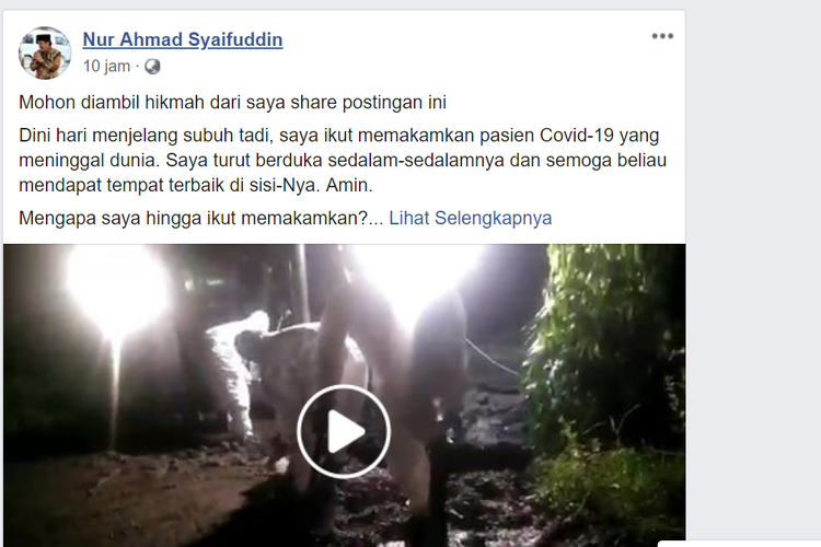 Bupati Sidoarjo, Nur Ahmad Syaifuddin, mengunggah proses pemakaman warganya yang meninggal akibat Covid-19, Kamis (26/3/2020) pagi melalui Facebook.