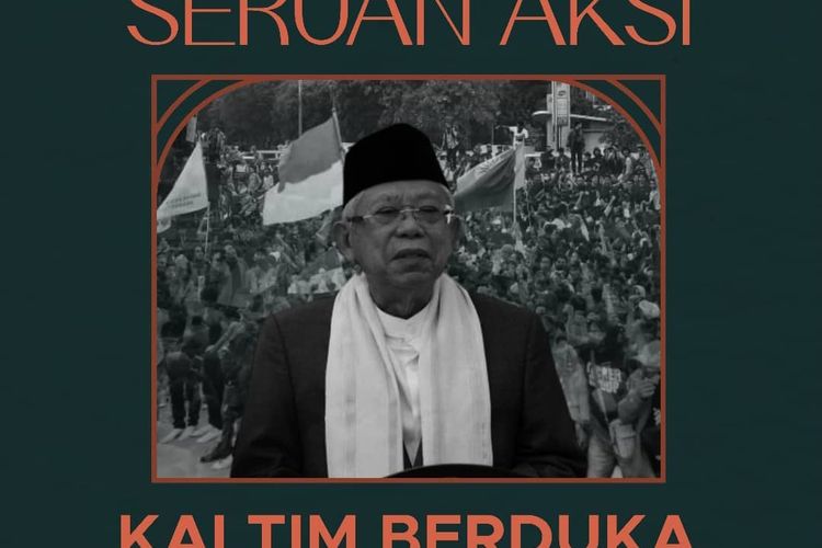 Tangkapan layar unggahan akun @bemkmunmul poster seruan aksi bertuliskan, “Kaltim Berduka – Patung Istana Merdeka Datang ke Samarinda” disertakan foto Wakil Presiden Ma’ruf Amin, Selasa (2/11/2021).