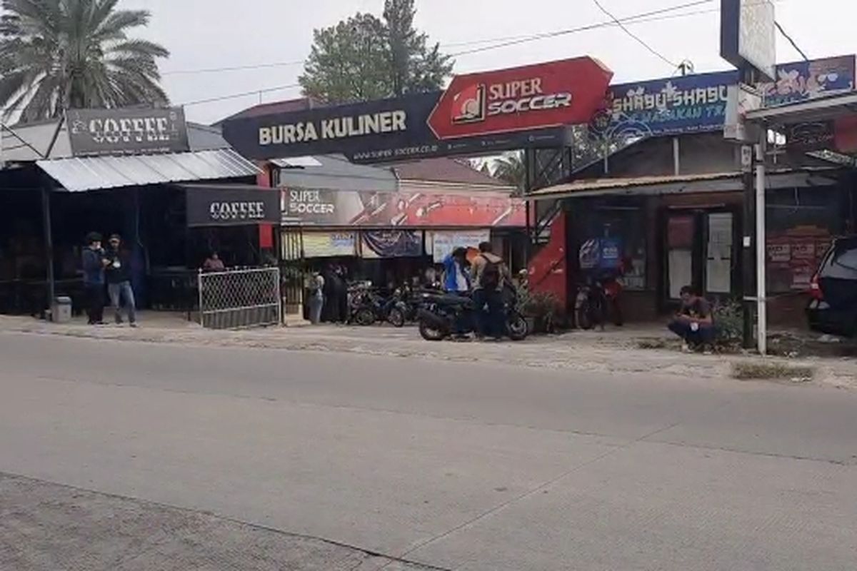Lokasi bentrok dua kelompok pemuda di Bursa Kuliner Jalan Puspiptek, Buaran, Setu, Tangerang Selatan.