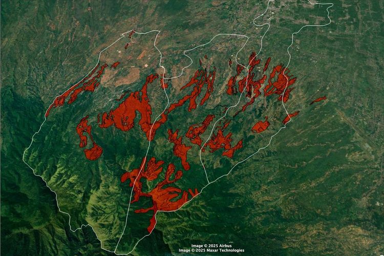 Citra satelit yang menunjukkan kondisi hutan sangat kritis di lereng utara Gunung Wilis Kabupaten Nganjuk