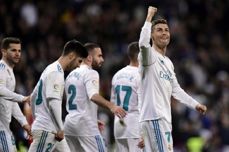 Cristiano Ronaldo merayakan gol Real Madrid ke gawang Girona pada pertandingan La Liga Spanyol di Stadion Santiago Bernabeu, 18 Maret 2018.