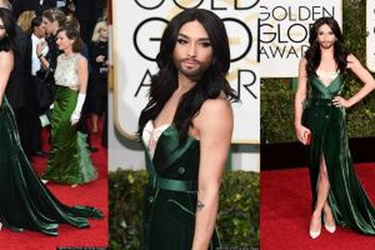 Conchita Wurst saat tiba di acara Golden Globe Awards mengenakan gaun hijau beludru dengan aksen belahan dan detail tali pinggang.