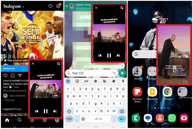 Tampilan video TIkTok di ponsel dalam mode Picture-in-Picture. Video TikTok tetap bisa diputar ketika pengguna membuka aplikasi lain seperti Instagram, WhatsApp, atau home screen.