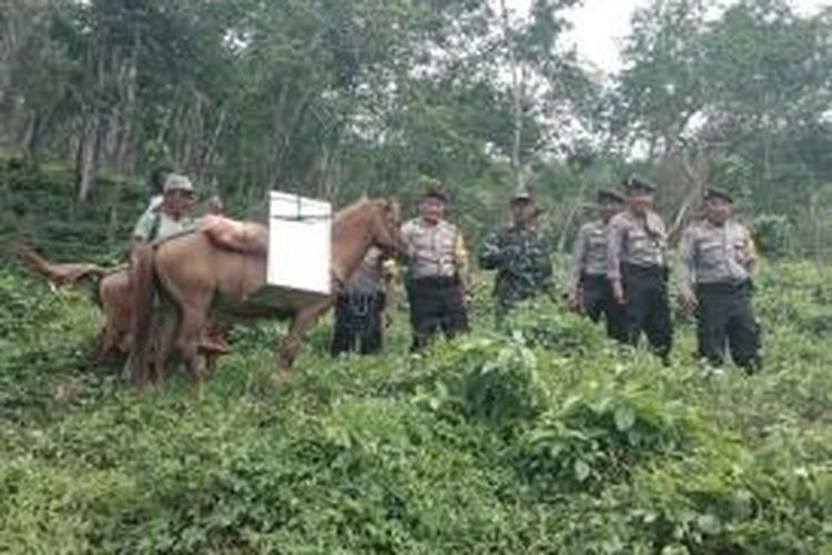 Distribusi Logistik ke Kecamatan Tempurejo, Kabupaten Jember ditempuh menggunakan kuda dan berjalan kaki karena kesulitan medan