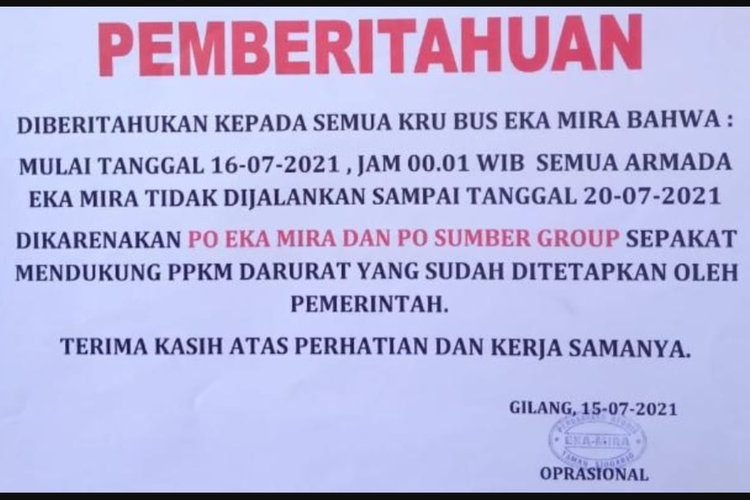 Tangkapan layar pemberitahuna PO Eka Mira berhenti beroperasi sementara selama PPKM darurat.