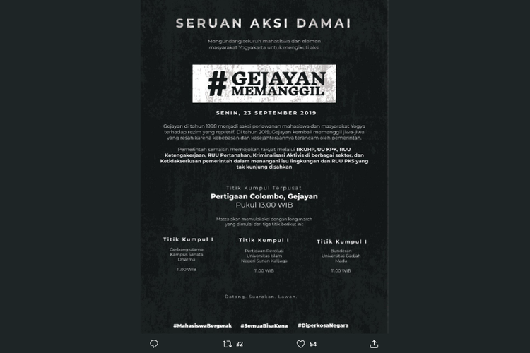 Ajakan aksi damai #GejayanMemanggil yang beredar di media sosial Twitter. Aksi akan berlangsung di 3 titik di Yogyakarta.