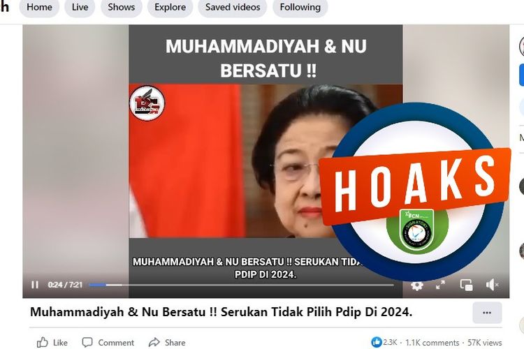 Tangkapan layar Facebook narasi yang menyebut bahwa NU dan Muhammadiyah menyerukan tidak memilih PDI-P di Pemilu 2024