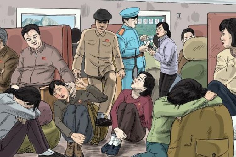 Ilustrasi menunjukkan seorang pejabat pemerintah di Korea Utara membelai perempuan di gerbong kereta. Laporan Human Rights Watch menyatakan pelecehan seksual merupakan hal biasa di Korut.