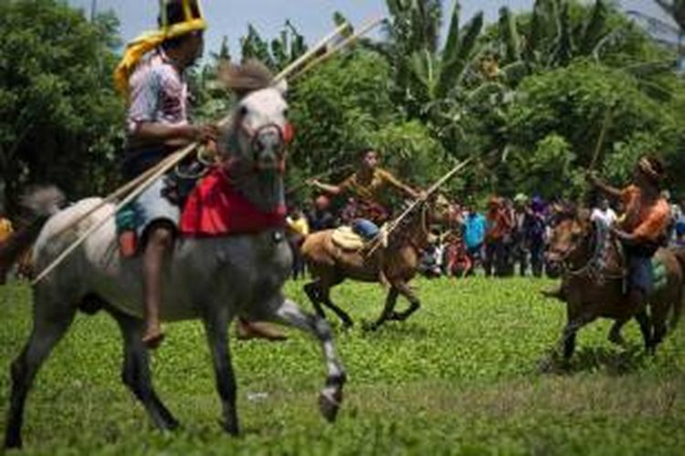 Para pria mengikuti tradisi Pasola, perang di atas kuda di Desa Ratenggaro, Sumba, NTT, 22 Maret 2014. Pasola dirayakan untuk menyambut masa panen. Biasa dilakukan untuk memulai masa tanam.
