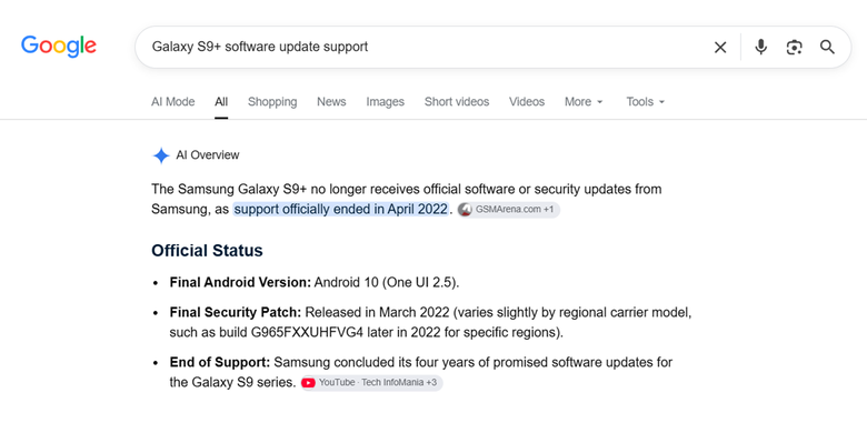 Contoh searching di Google dengan kata kunci Galaxy S9+ software update support. Hasilnya, AI Overview Google merangkumkan bahwa dukungan software  Galaxy S9+ sudah berakhir pada April 2022.