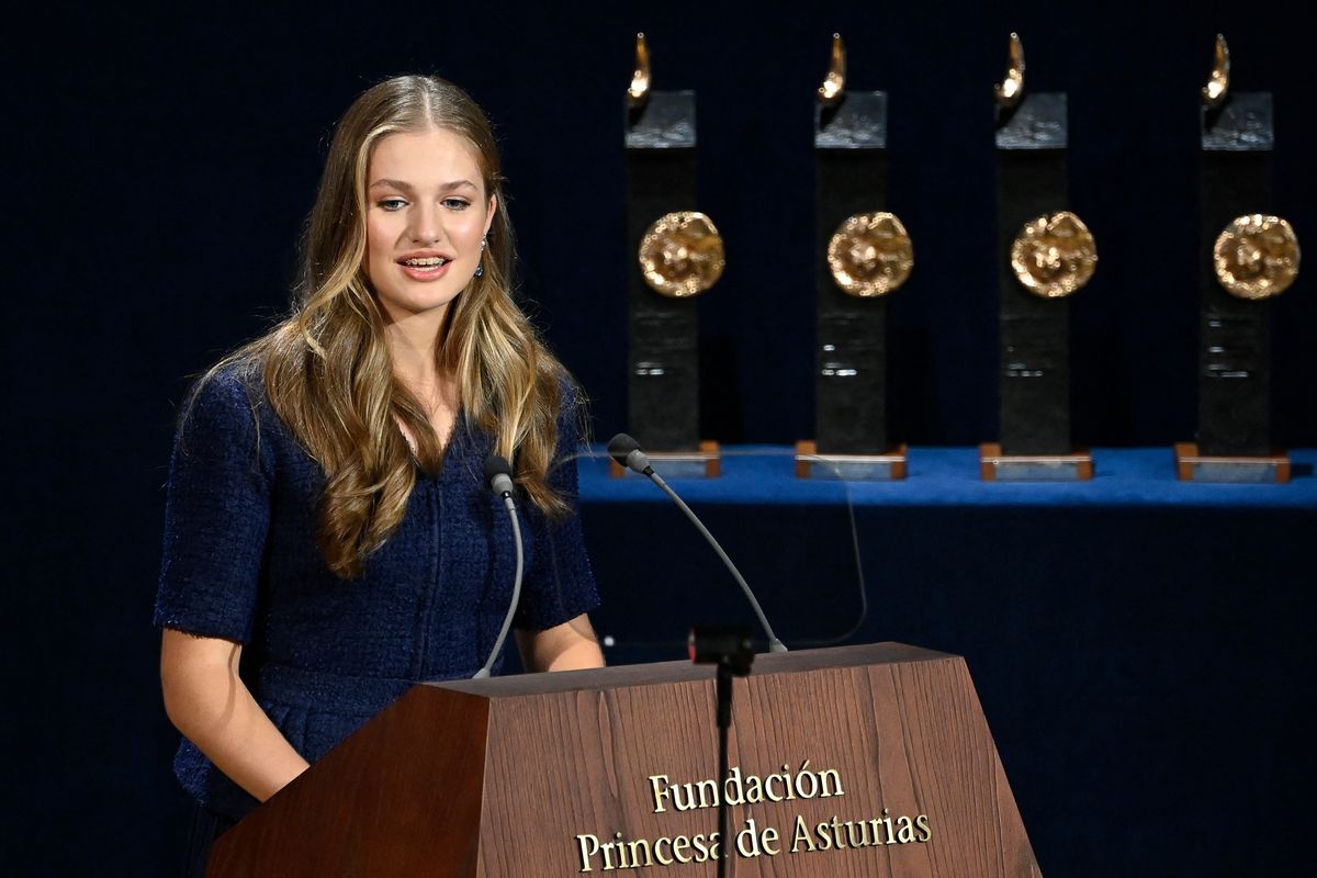 (FILES) Spanish Crown Princess of Asturias Leonor delivers a speech during the 2023 Princess of Asturias award ceremony at the Campoamor theatre in Oviedo on October 20, 2023. Princess Leonor, the heiress to the Spanish crown, will swear loyalty to the constitution on October 31 on her 18th birthday, helping to turn the page on the scandal-tainted reign of her grandfather, Juan Carlos. After taking the oath Princess Leonor can legally succeed her father, King Felipe VI, and automatically becomes head of state in the event of the monarch's absence. (Photo by MIGUEL RIOPA / AFP)