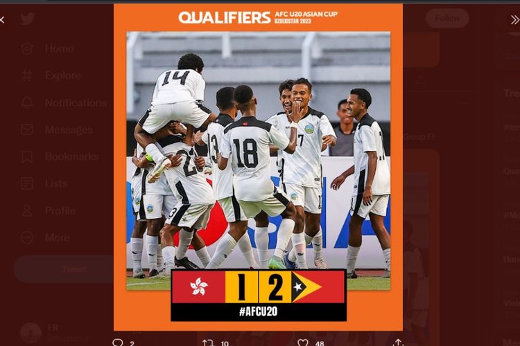 Timor Leste mengalahkan Hong Kong 2-1 pada laga terakhir Grup F Kualifikasi Piala Asia U20 2023 di Stadion Gelora Bung Tomo (GBT), Surabaya, Minggu (18/9/2022) sore WIB.. Hasil tersebut tak berpengaruh bagi timnas U20 Indonesia.