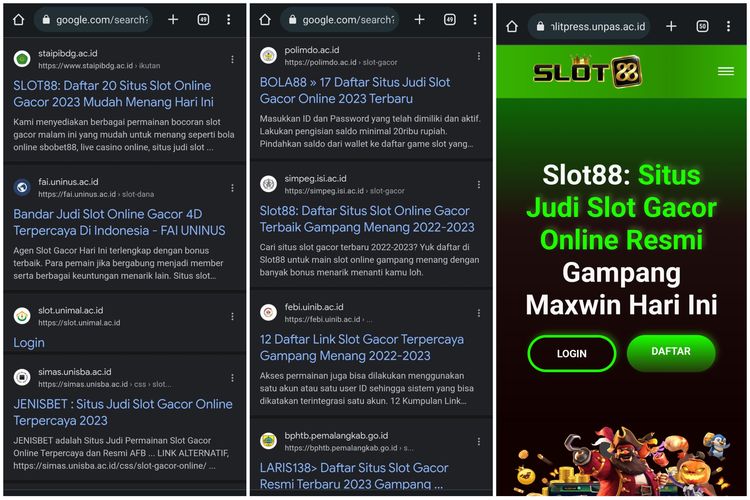 Tangkapan layar beberapa situs perguruan tinggi dengan domain ac.id yang disusupi situs slot gacor alias situs judi online.