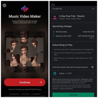 Tagihan berlangganan yang akan dikenakan pengguna Tempo - Face Swap Video Editor.