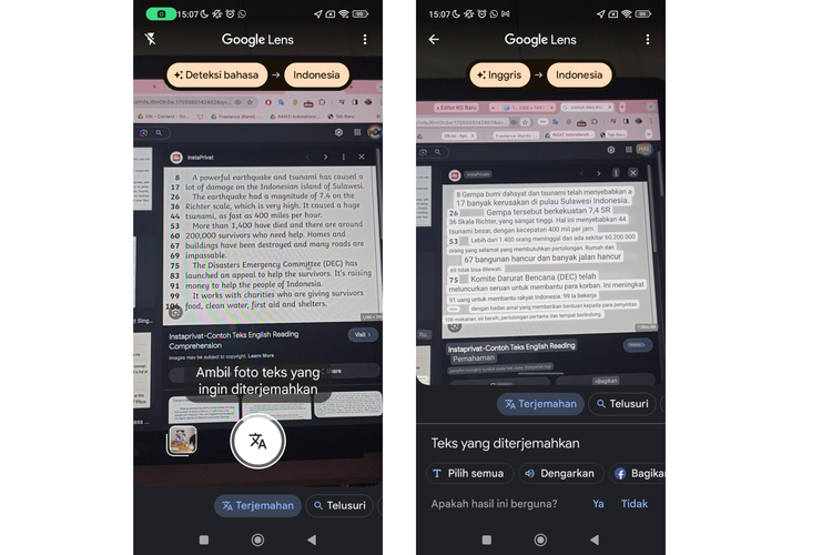 Ilustrasi cara terjemahkan teks lewat Google Lens