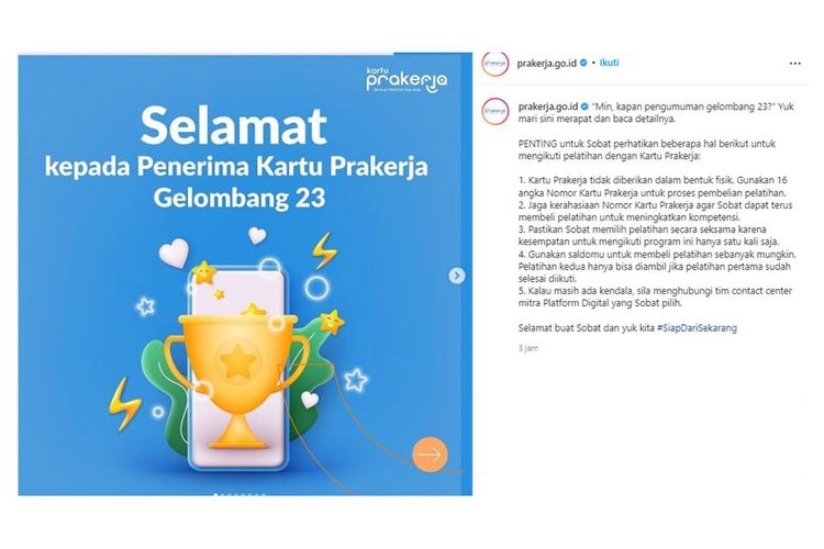 Tangkapan layar unggahan Instagram tentang pengumuman peserta lolos Prakerja Gelombang 23