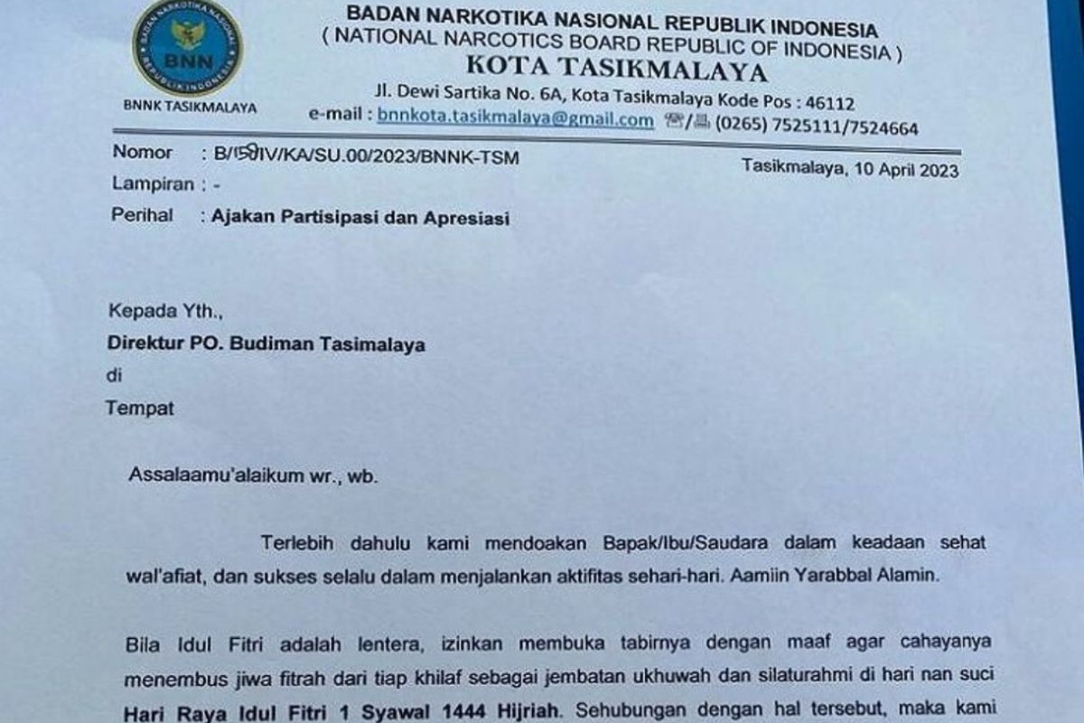 Surat BNN Kota Tasikmalaya minta THR ke PO Budiman Tasikmalaya