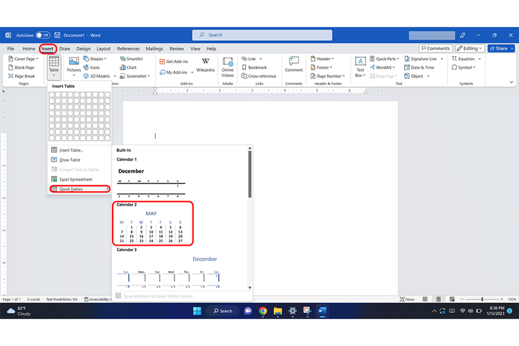 Cara membuat Quick Tables di Microsoft Word (Kompas.com/Caroline Saskia Tanoto)