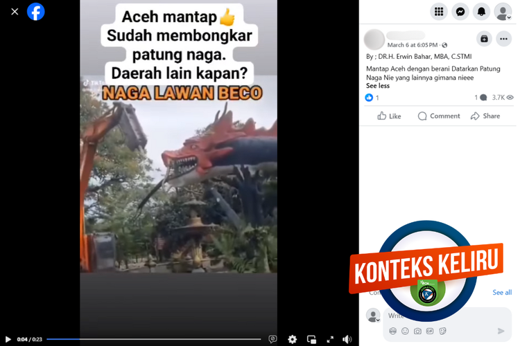 Tangkapan layar konten dengan konteks keliru di sebuah akun Facebook, 6 Maret 2025, mengenai pembongkaran patung naga di Aceh.