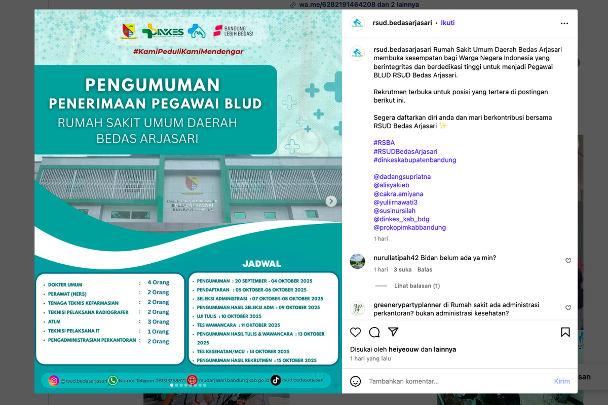 RSUD Bedas Arjasari buka 16 lowongan kerja 2025 untuk tenaga medis dan non-medis. Pendaftaran online hanya 5?6 Oktober 2025.