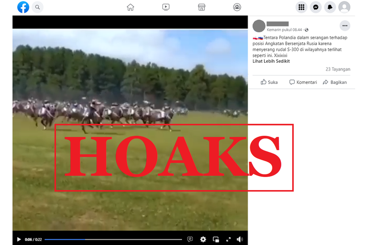 Tangkapan layar unggahan dengan narasi hoaks di sebuah akun Facebook, Rabu (16/11/2022), soal video serangan tentara Polandia terhadap Rusia. Padahal itu adalah video parade kavaleri di Brasil pada 4 Mei 2019.