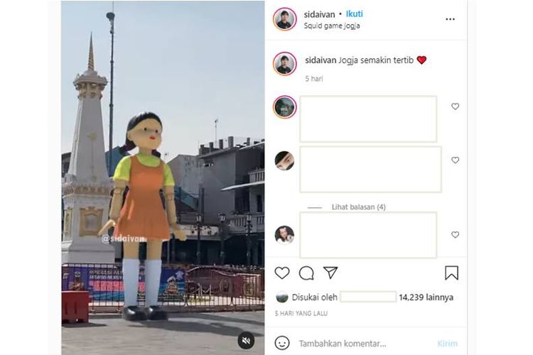 Tangkapan layar postingan Instagram tentang boneka Squid Game di Jogja