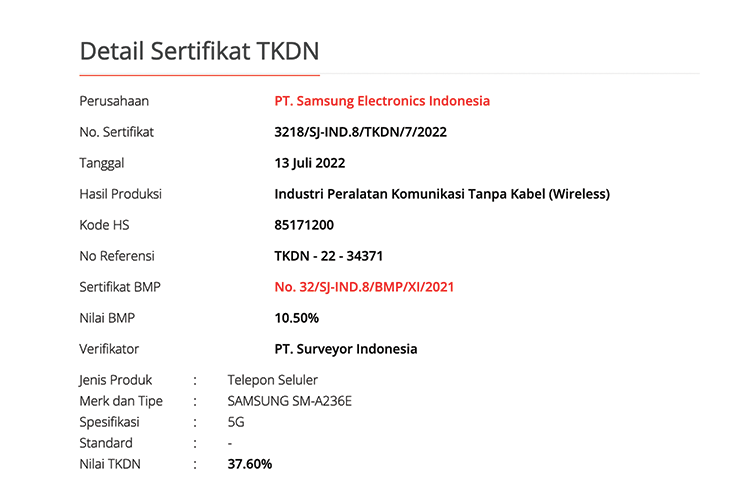 Hasil Sertifikasi TKDN dari Samsung Galaxy A23 5G