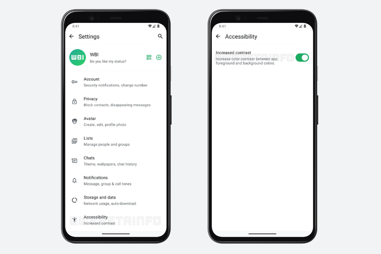 Ilustrasi tampilan fitur Increased contrast yang sedang disiapkan oleh WhatsApp. Fitur ini nantinya akan berada dalam menu pengaturan Aksesibilitas di WhatsApp.