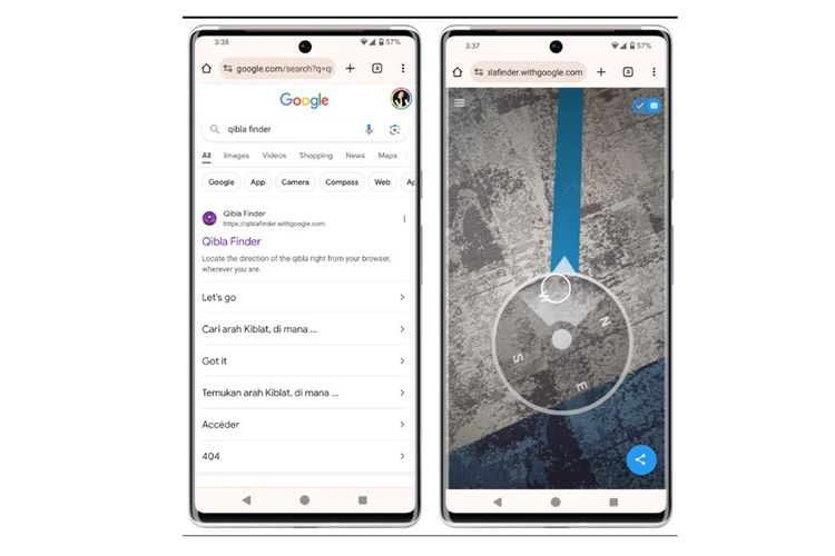 Tampilan Qibla Finder yang ditelusur lewat Google Search