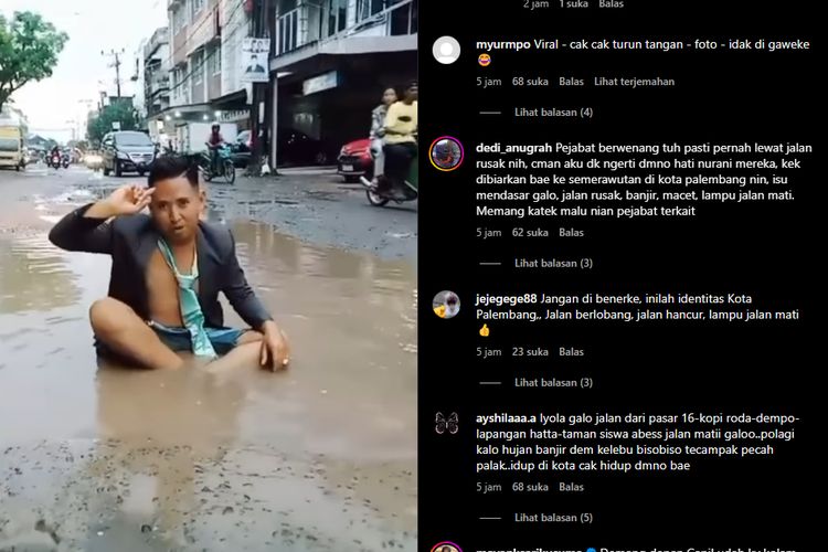 Seorang pemuda protes jalan rusak dengan duduk dijalan berkubang. Kerusakan jalan tersebut berlangsung di kawasan Dempo, Palembang itu akibat pembangunan Instalasi Pembuangan Air Limbah (IPAL), Selasa (23/4/2024).