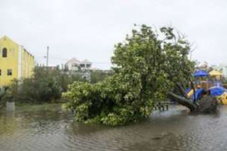 Badai Nicole menyebabkan pohon-pohon tumbang dan banjir di Mullet Bay, St George, Bermuda.

