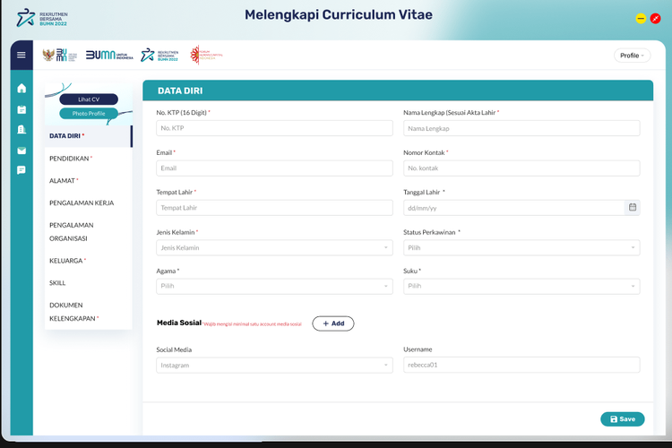 Tangkapan layar pengisian CV pada langkah pendaftaran Rekrutmen Bersama BUMN batch 2.