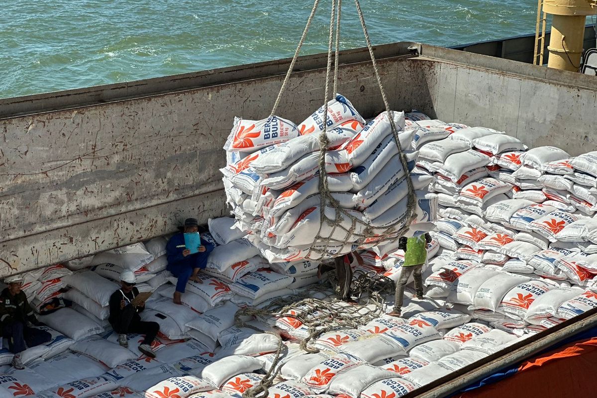 Ilustrasi beras impor Bulog masuk melalui pelabuhan. 