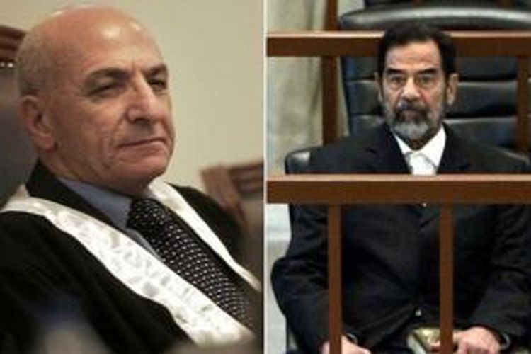 Hakim Raouf Abdul Rahman dan mantan pemimpin Irak, Saddam Hussein, saat menjalani sidang pengadilan.