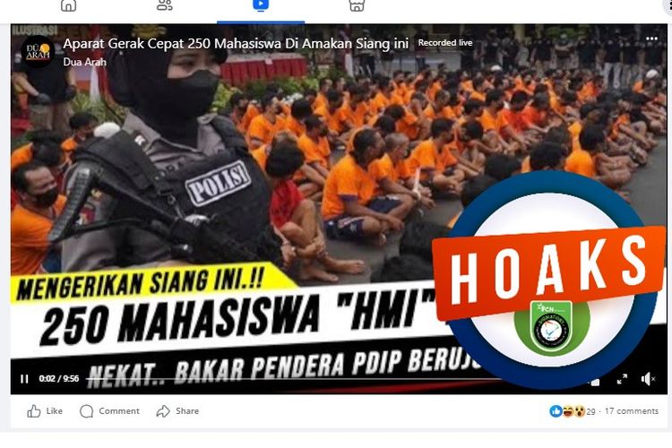 Tangkapan layar Facebook narasi yang menyebut 250 kader HMI ditangkap polisi