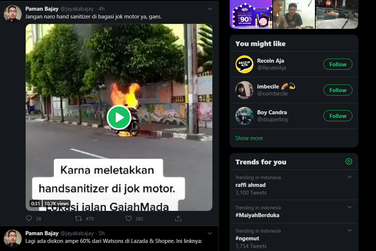 Tangkapan layar video viral di Twitter motor terbakar