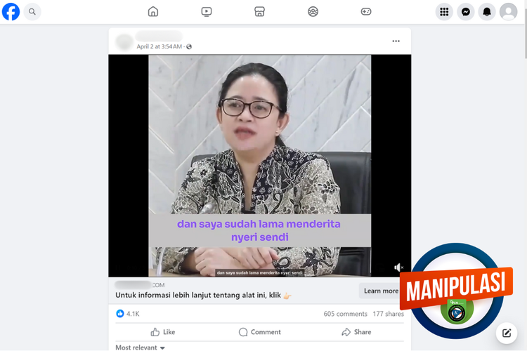 Tangkapan layar manipulasi video di sebuah akun Facebook, 2 April 2024, mengenai Puan Maharani mempromosikan obat sendi.