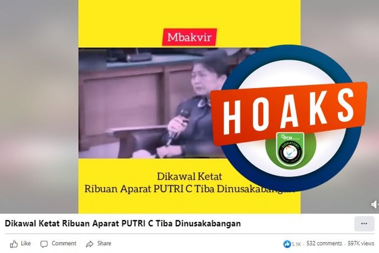 Tangkapan layar Facebook narasi yang menyebut bahwa Putri Candrawathi dibawa ke Nusakambangan