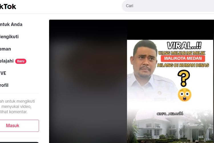 RAMAI: Unggahan video bernarasi uang miliaran milik Wali Kota Medan Bobby Nasution hilang di rumah dinasnya ramai di media sosial, TikTok.