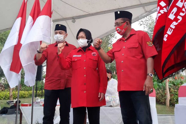 Bakal calon wali kota Surabaya dan Wakil Wali Kota Surabaya, Eri Cahyadi dan Armuji didampingi Risma menggelar deklarasi di Taman Harmoni, Rabu (2/9/2020).