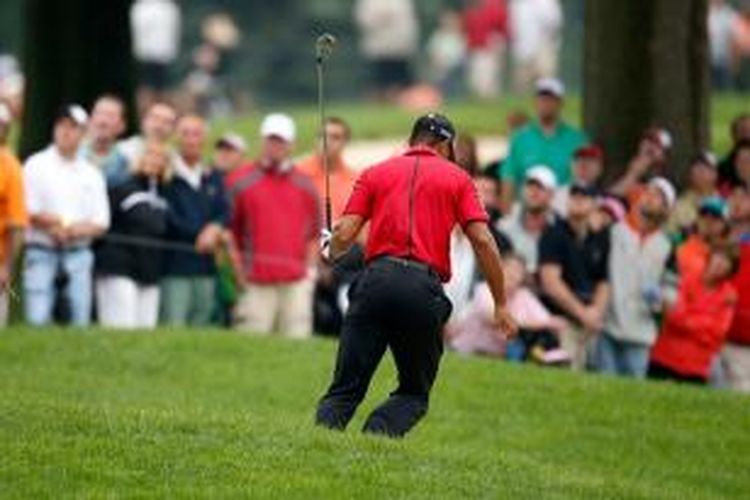 Pegolf Amerika Serikat, Tiger Woods, berlari untuk menjaga keseimbangan setelah melakukan pukulan kedua hole kedua pada WGC-Bridgstne Invitational di Akron, Ohio, Minggu (3/8/2014).