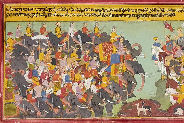 Lukisan laskar Korawa (kiri) berhadapan dengan laskar Pandawa. Lukisan ini dibuat sekitar abad ke-17 atau ke-18, berasal dari Mewar, Rajasthan.