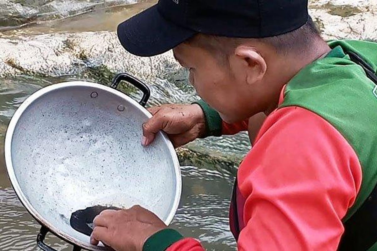 Seorang warga mencermati pasir yang sudah diayak dengan wajan berharap ada butiran emas di Sungai Desa Keboireng, Kecamatan Besuki, Kabupaten Tulungagung, Jawa Timur, Selasa (27/5/2025). Warga berbondong-bondong menggunakan wajan untuk mencari emas sejak seminggu terakhir. 
