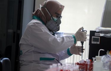 Dokter patologi klinik memeriksa sampel media pembawa virus Corona untuk penelitian di Laboratorium Balai Besar Karantina Pertanian Surabaya di Juanda, Sidoarjo, Jawa Timur, Kamis (6/2/2020). Kementerian Pertanian melalui Badan Karantina Pertanian (Barantan) mengantisipasi penyebaran dengan melakukan penelitian media pembawa Virus Corona yang berisiko tinggi sebagai penular CoV/2019-nCoV berupa anjing, kucing, rodensia, kelelawar dan unggas yang dikirim melalui kargo terminal (T1) Bandara Juanda. ANTARA FOTO/Umarul Faruq/wsj.
