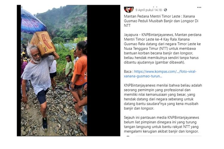 Tangkapan layar unggahan Facebook berisi foto Xanana Gusman sedang membawa bantuan banjir
